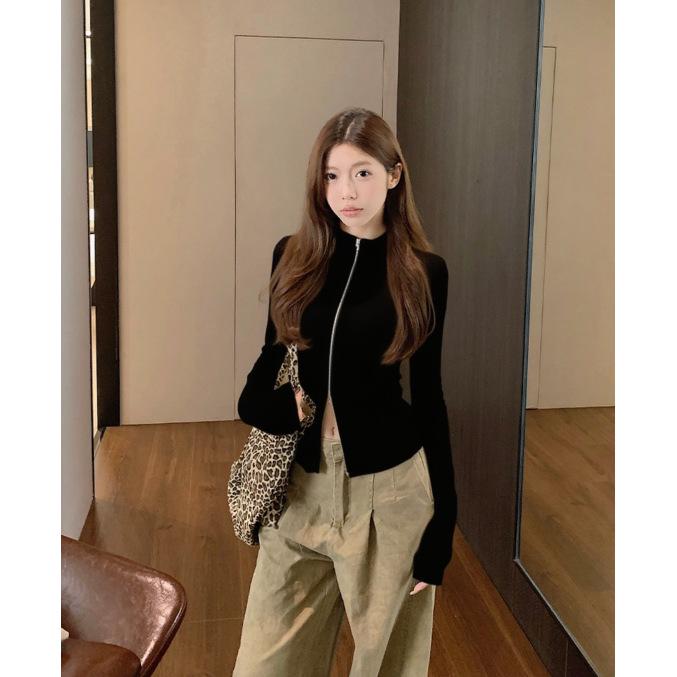 Women's Versatile Knit Cardigan: Double Zipper Slim Fit Ribbed Jacket for Spring/Autumn 2025