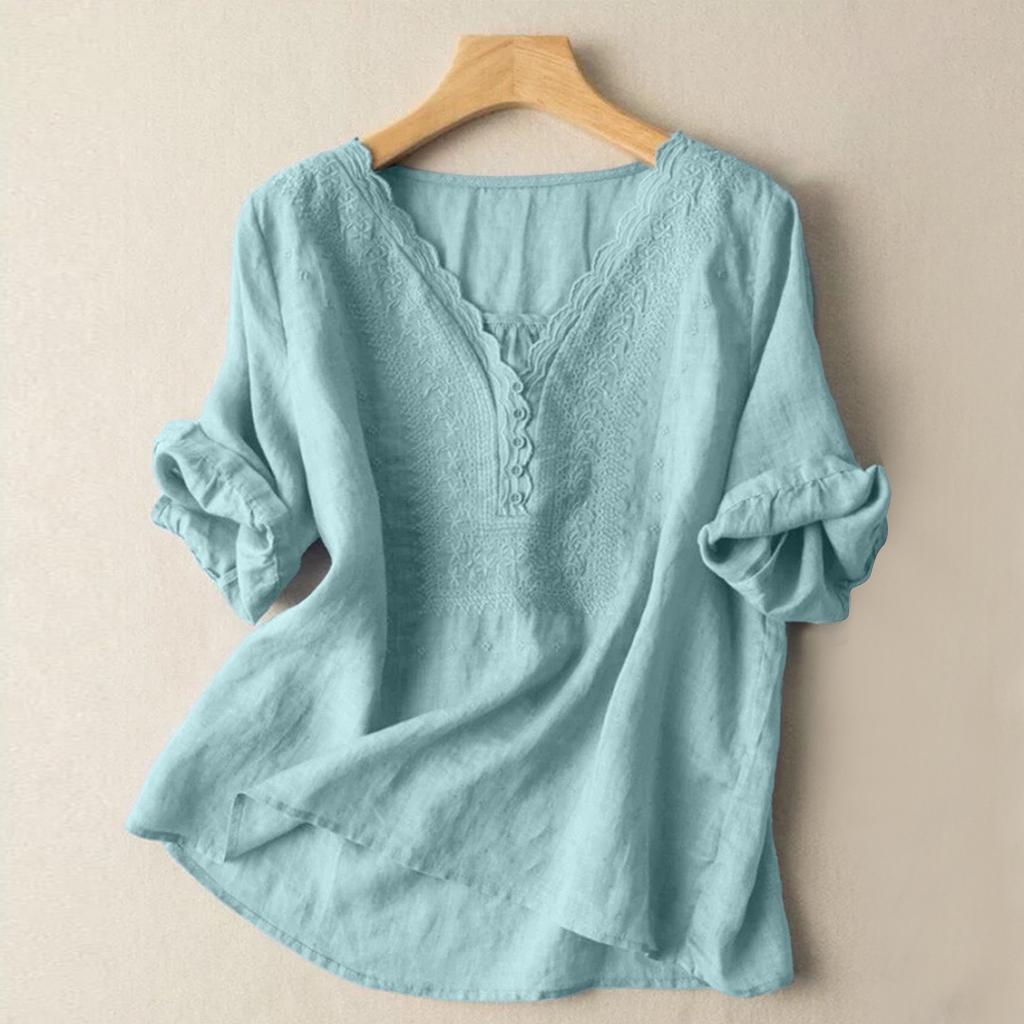 Women's Solid Color Cotton And Linen Short-sleeved Embroidered Retro Breathable T-shirt Round Neck Top