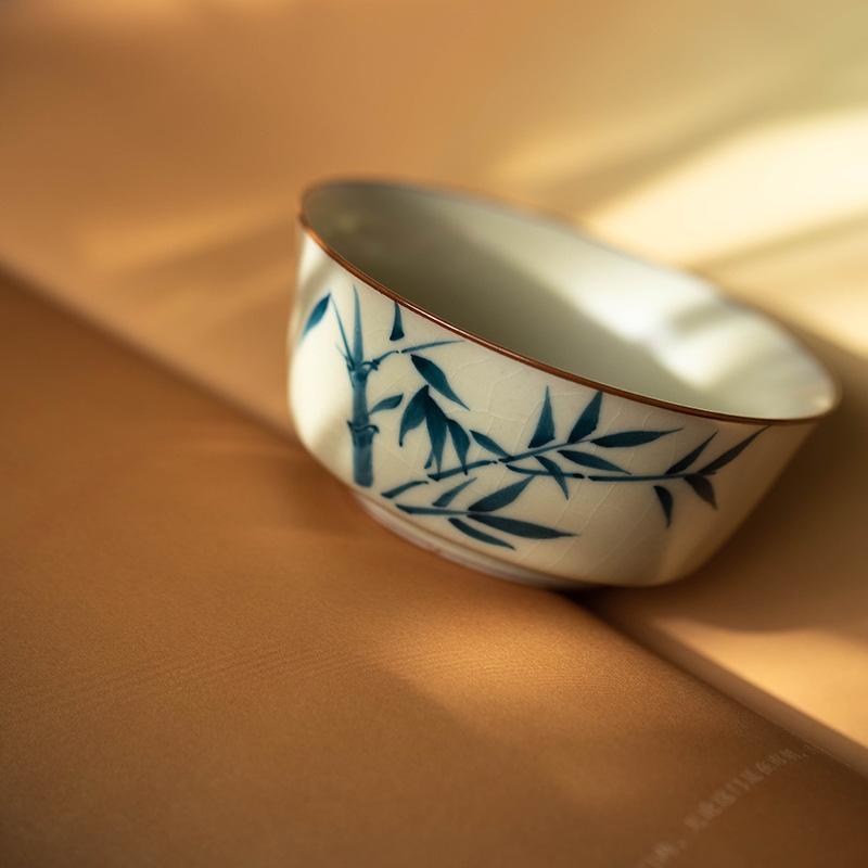 Huang Ru Kiln pure hand-painted bamboo teacup master cup ceramic high-end tea teapot cover bowl tea cup kung fu tea set