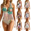Women Boho Patchwork Print Swimsuit Deep V Backless Slim Fit Bathing Suit Swimwear Beachwear