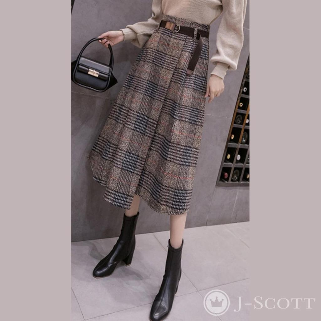 Asymmetrical Flared Midi Glen High with J-Scott Skirt, Length, Plaid, Waist, Tweed, Belt, Brown, JS23-BR-M