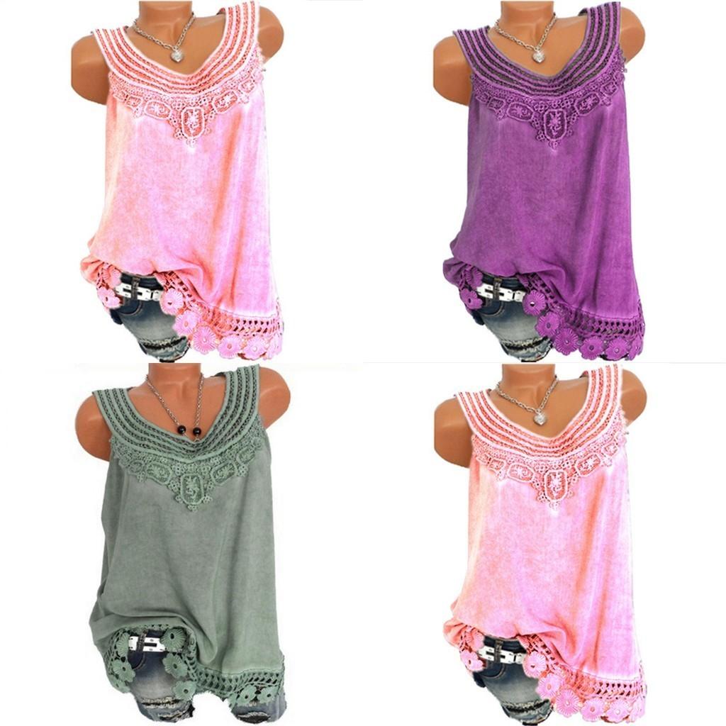 Women's Loose Sleeveless Vest T-shirt Blouse With Elegant Boho Lace Design In Plus Sizes
