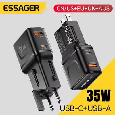 Essager 35W GaN International Travel Adapter Dual Port Charger for Xiaomi Samsung iPhone16 15 Pro Max For US/CN EU UK AUS Travel