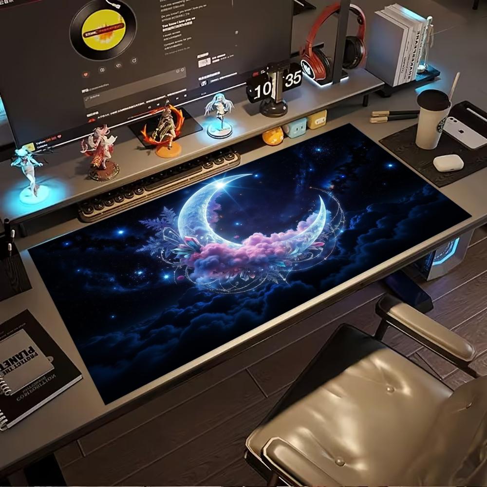 Purple Floral Crescent Moon Galaxy Large Gaming Mouse Pad Non Slip Rubber Desk Mat For Pc Laptop Office Home Gaming Setup