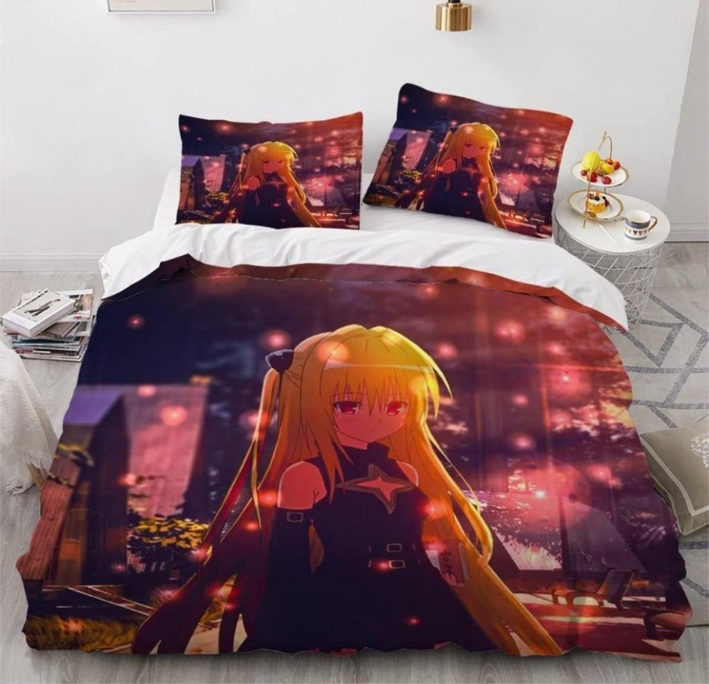 Anime Girl Cartoon Bed Linen Set 3-Piece 3D Print Anime Duvet Cover with Zip Microfibre Teenager Duvet Covers with 2 Pillowcases