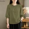 ZANZEA Women Casual Round Neck Solid Color 3/4 Sleeve Loose Blouse