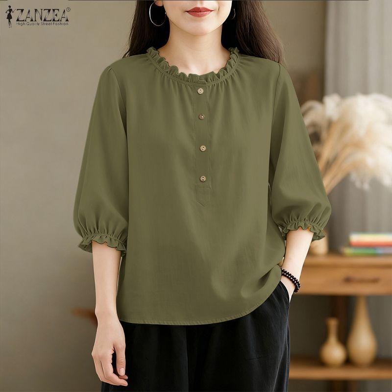 ZANZEA Women Casual Round Neck Solid Color 3/4 Sleeve Loose Blouse