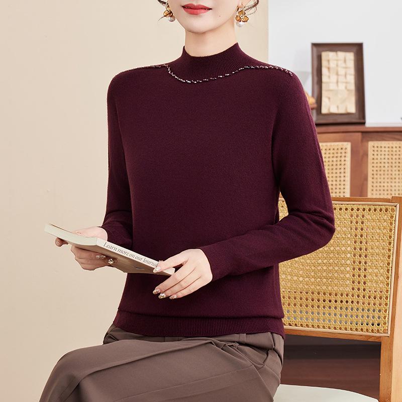 

Elegant Knit Sweater for Middle-Aged Women - Autumn/Winter Solid Color Base Layer L (Recommended for under 105 lbs)