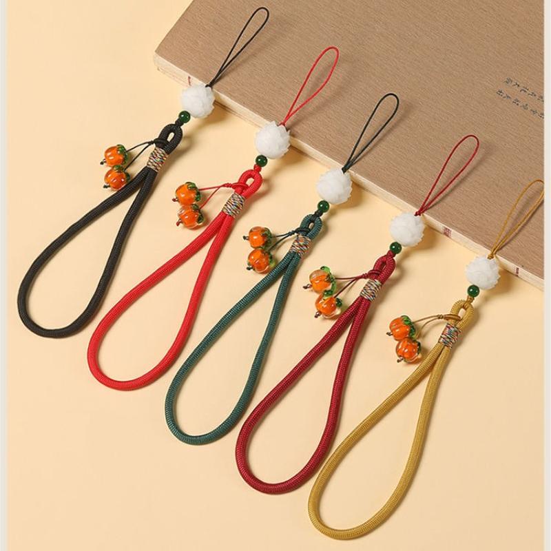 1Pc Persimmon Ruyi Mobile Phone Pendant Short Wrist Lanyard Men's and Women's Glazed Persimmon Pendant Keychain Anti-lost Rope Accessories