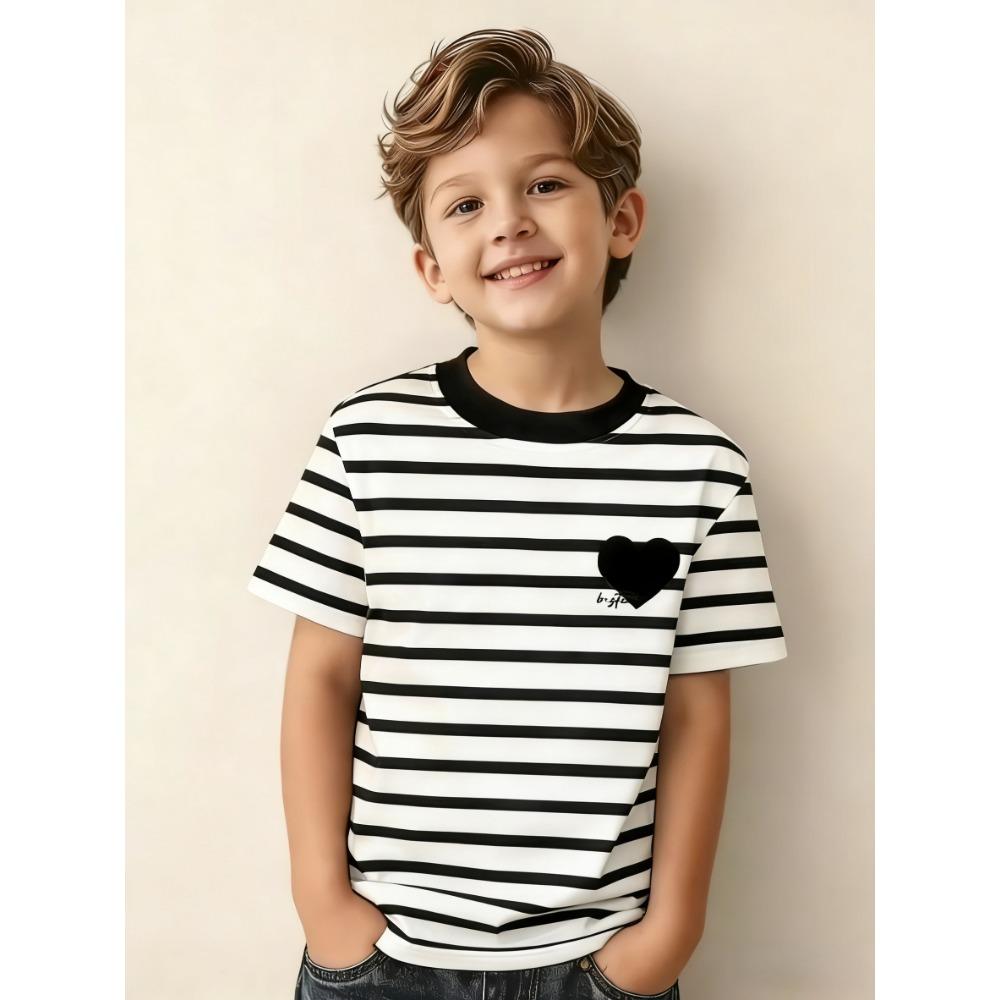 

Casual simple digital printed pink striped heart-shaped pattern printed round neck short-sleeved T-shirt for boys and girls, 160