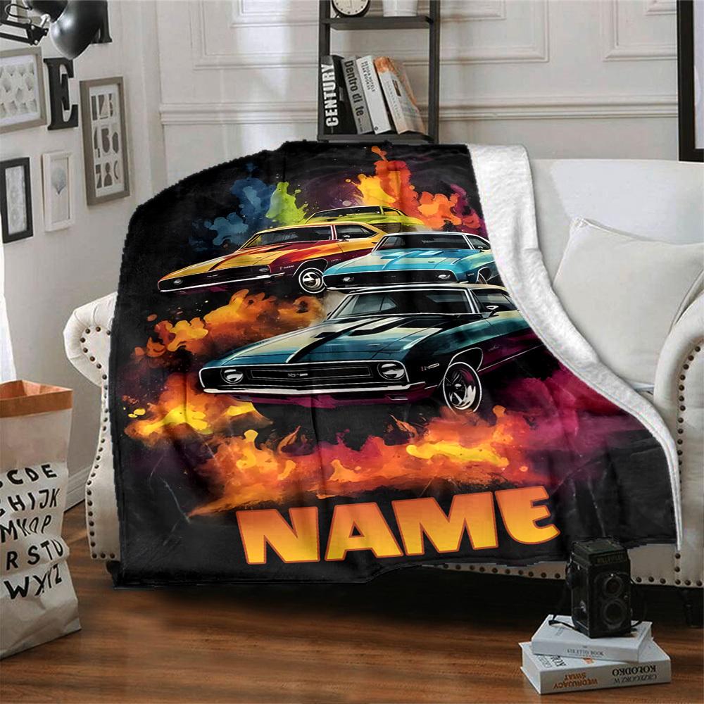 Classic Muscle Cars Vibrant Colors Dynamic Flames Multipurpose Personalized Blanket Personalized Text Soft Warm Cozy Suitable For Sofa Couch Office