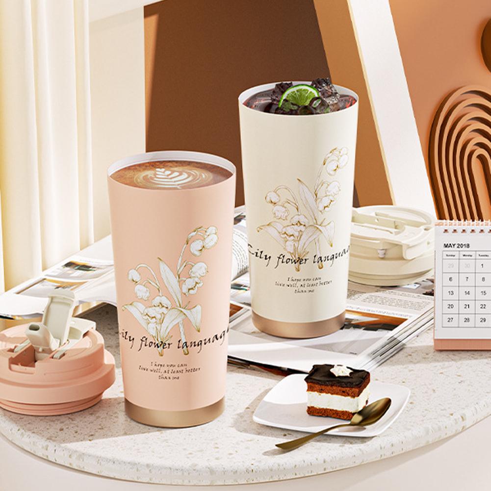 530ml Lily Of The Valley Mug Stainless Steel Kawaii Flower Thermal Tumbler Coffee Tumbler Cup Gift Water Birthday K2X2