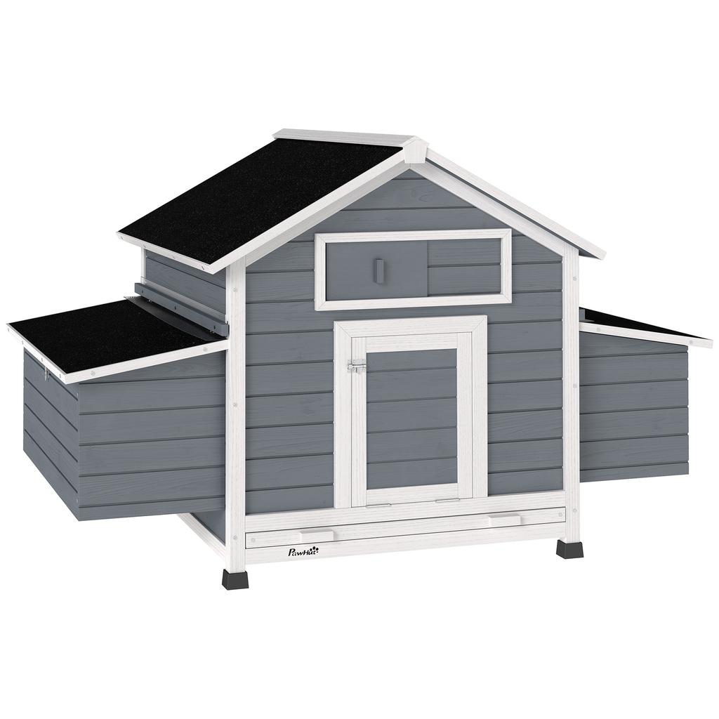 Wooden Chicken Coop for Outdoor Use with 2 Nests, Removable Tray, Perches, Waterproof Roof, 150x100x96.5 cm, Grey