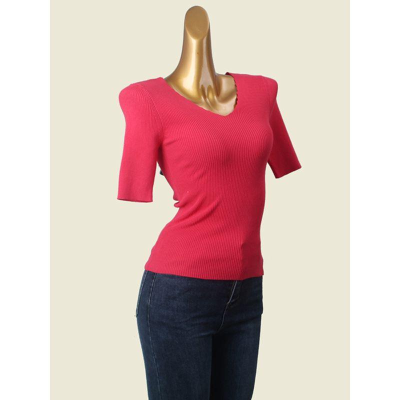 Crescent Double V Neck Texture Half Sleeve T-shirt Summer High Elastic Silm Export Pullover Knitwear