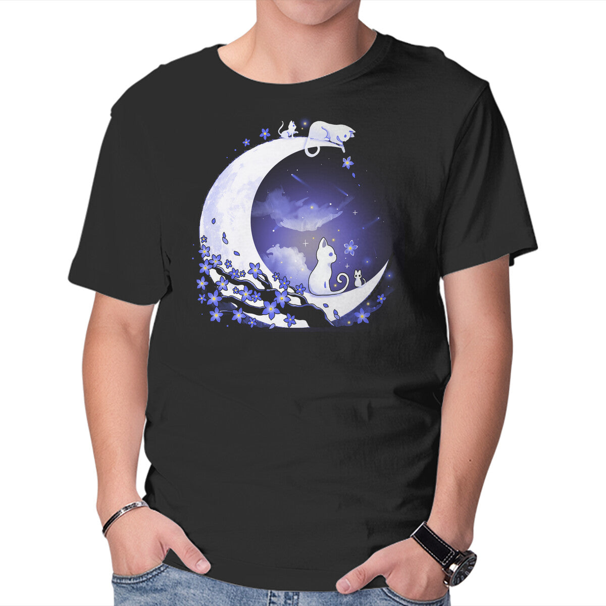 Unisex Crew Neck T-Shirt Kittens Moon Graphic Short Sleeve Casual Tee XXXXL