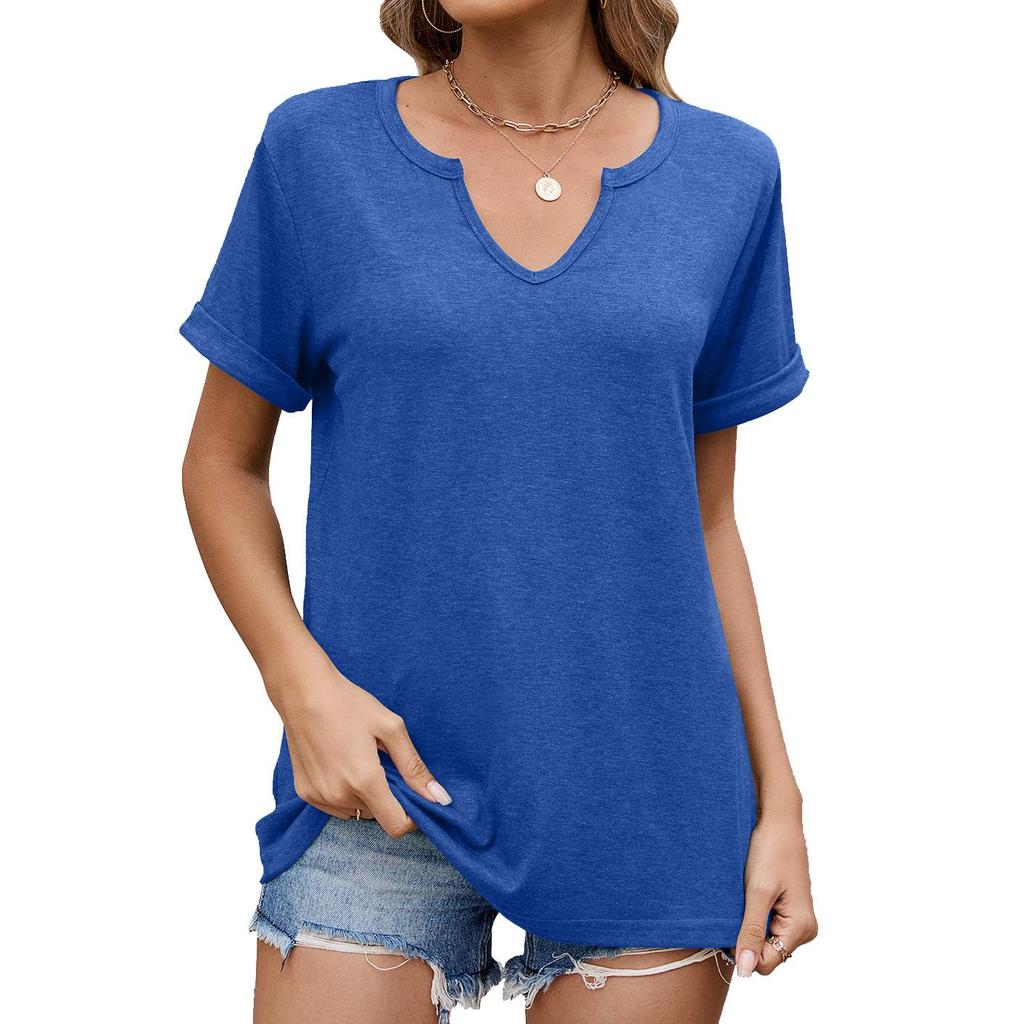 Tops de T-shirt Femininos de Cor Sólida com Decote em V, Soltos e de Manga Curta, Novidades para Primavera e Verão