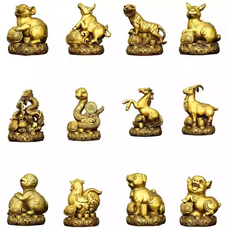 12 Chinese Zodiac Animal Figurines Set Pure Copper Rat, Ox, Tiger, Rabbit, Dragon, Snake, Horse, Goat, Monkey, Rooster, Dog,Pig