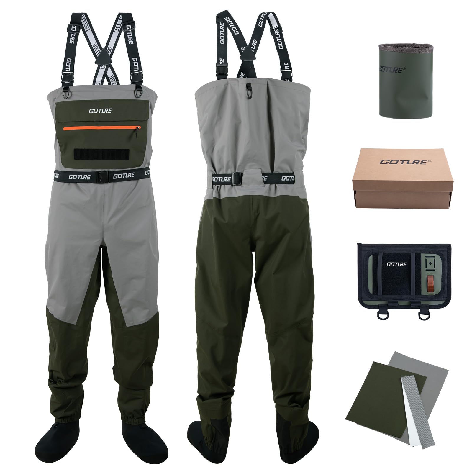 

[Goture] Waders, Stocking Type, Chest High, with Water Bottle Holder, Breathable, Fleece-lined Chest Pocket, Hand Warmer, Waterproof Smartphone Case,