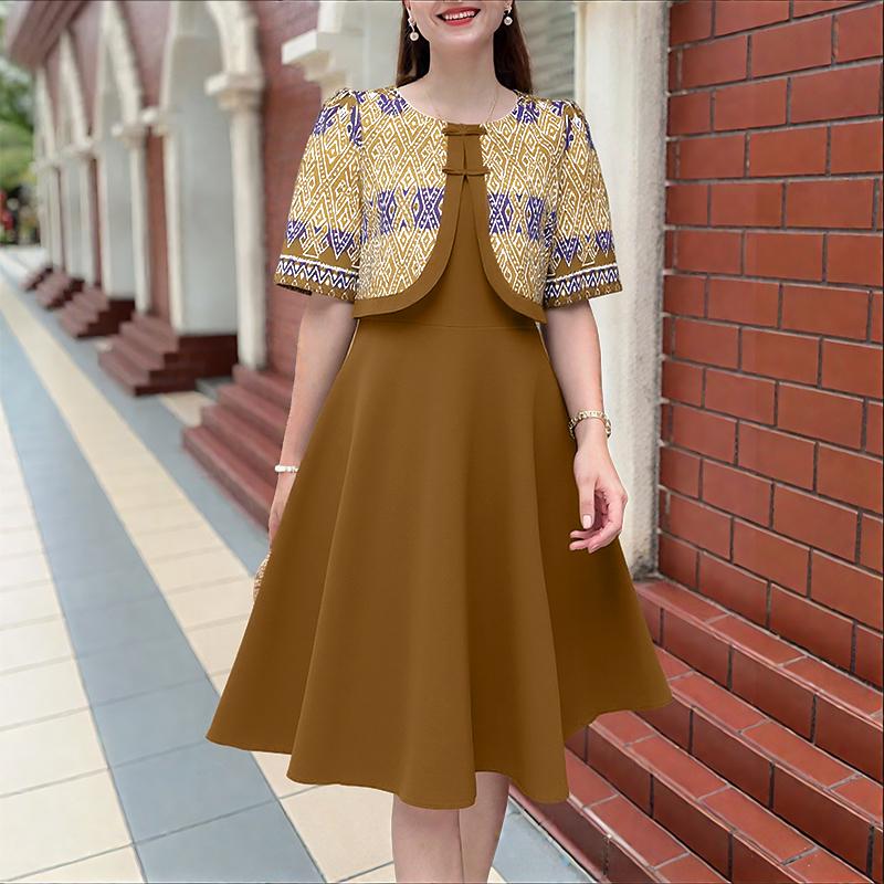 ZANZEA Women Casual Fake Two Piece Patchwork Retro Print Short Sleeve Dress