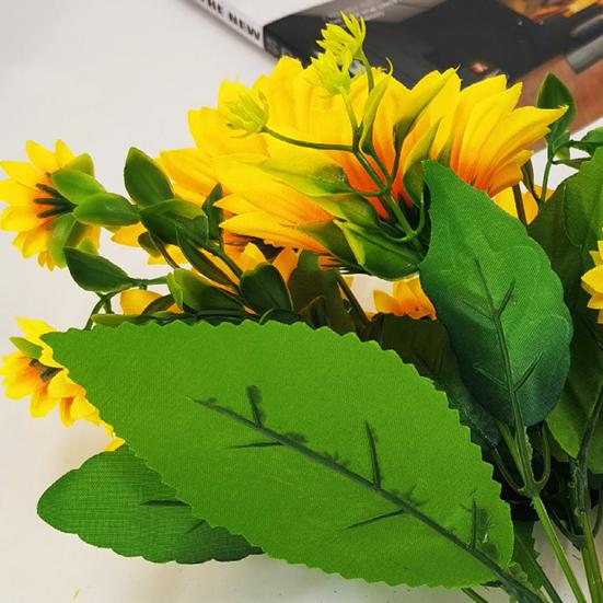Artificial Sunflower with Green Leaves 7 Fork 13 Head Realistic Fake Silk Flower Home Office Party Indoor Outdoor Faux Bloom Decoration