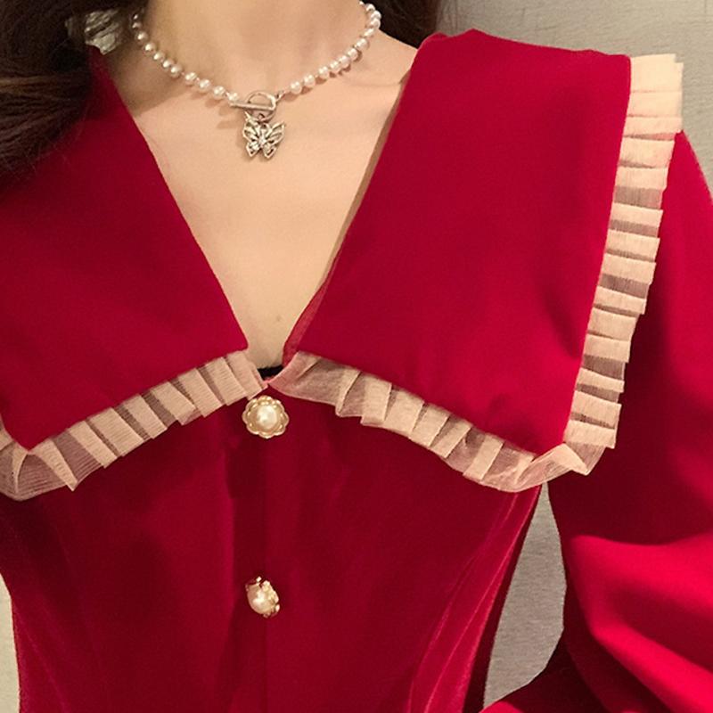 New Autumn Black Peter Pan Collar Dress Women's French High-end Elegant Long Dress Waist-cinching Slimming Audrey Hepburn Style Dress