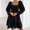 Women European Style Square Neck Ruffle Hem Long Sleeve Loose Casual Dress