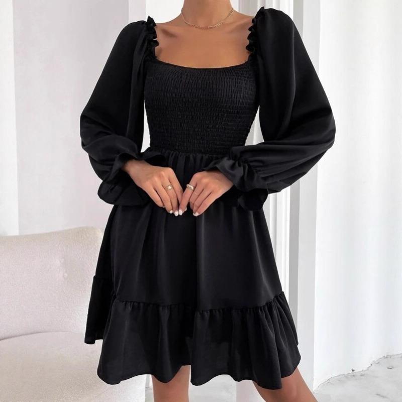 Women European Style Square Neck Ruffle Hem Long Sleeve Loose Casual Dress