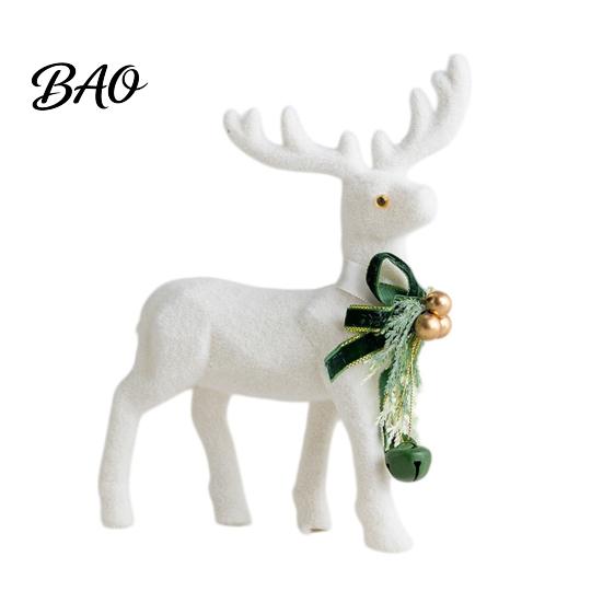 Minimalist White Flocked Ornaments Elk Ornament, Ribbon Bell Decor 3D Standing Deer Indoor Holiday Atmosphere Figurine, Decorative Accents for