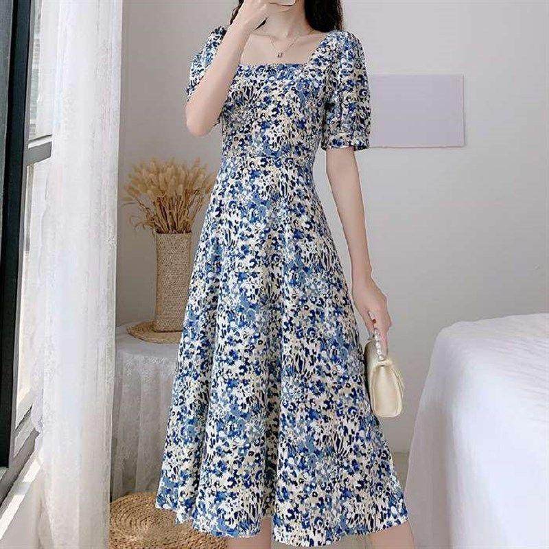 French Retro Puff Sleeve Large Size Skirt Summer Sweet Flora