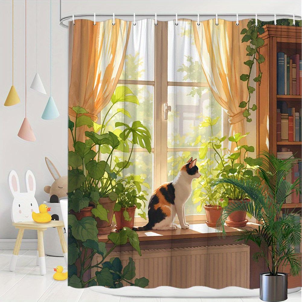 Cute Cat With Green Plants By Window Shower Curtain Machine Washable All Season Waterproof Privacy Protection Nature Designcozy