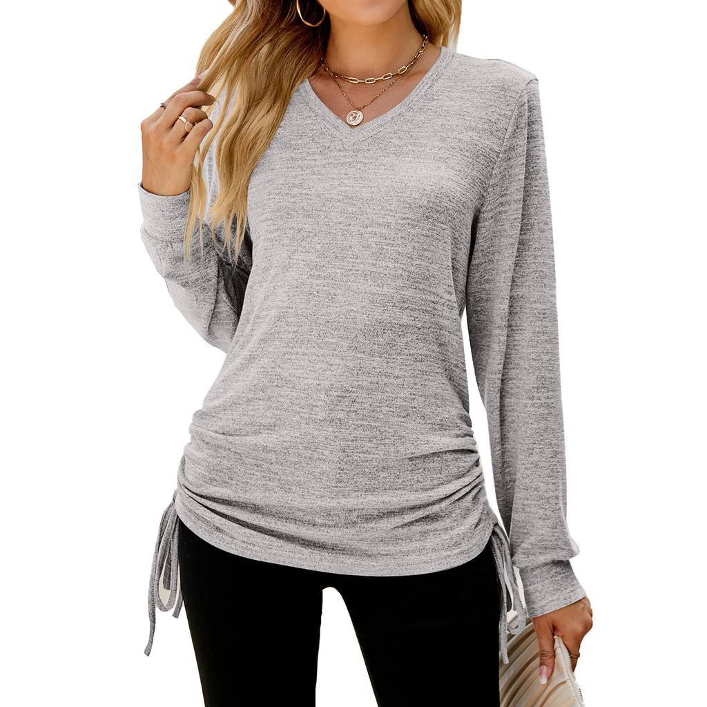 2024 European And American Autumn And Winter New Solid Color Long Sleeved V-Neck Pleated Loose T-Shirt Top For Women
