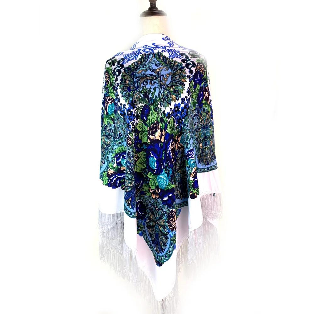160*160cm Luxury Flower Print Russian Square Scarf Women Traditional Ukrainian Shawl Ethnic Fringed Bandana Babushka Head Wraps