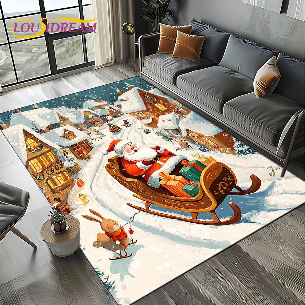 2025 Merry Christmas Tree Santa Claus,New Year Fairy Tale Gift Carpet Rug for Home Bedroom Sofa Doormat Decor,Non-slip Floor Mat