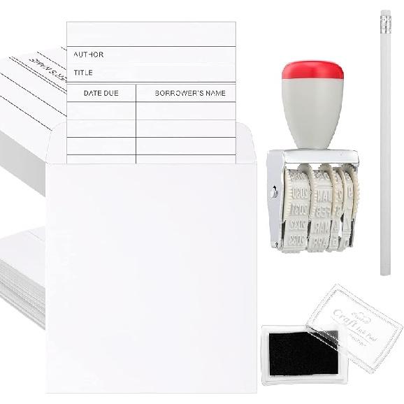 83 Pcs Library Cards Library Book Pocket Kit for Book Lovers with Library Envelopes Self Adhesive Book Card, Bookplates, Date Stamp, Inkpad and