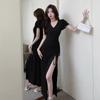 Spice Girl Black Dress Women's Summer New Temperament Drawstring Split Split Skinny Small Knee Long Dress