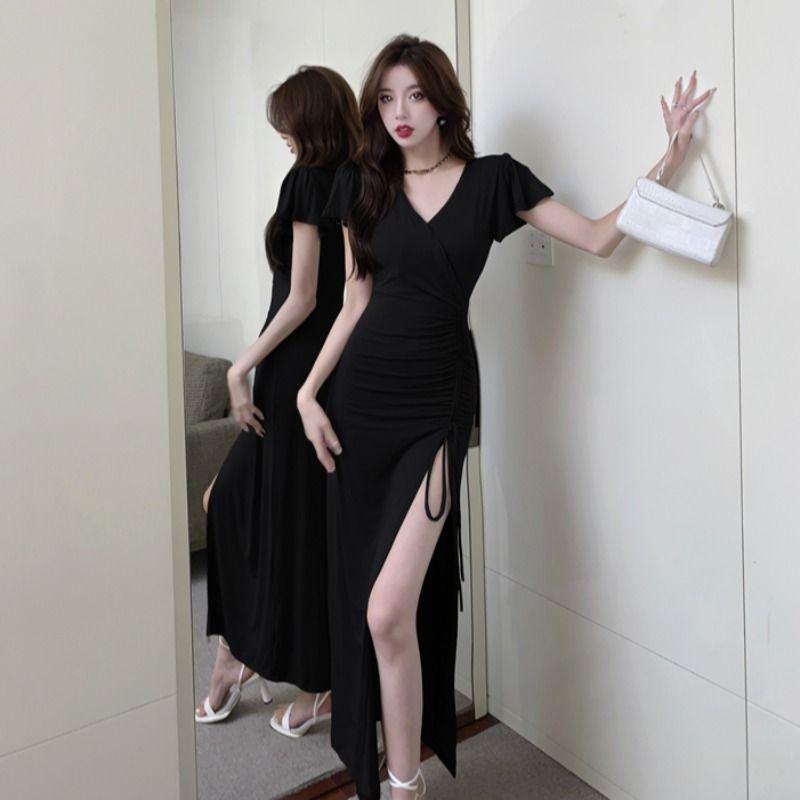 Spice Girl Black Dress Women's Summer New Temperament Drawstring Split Split Skinny Small Knee Long Dress