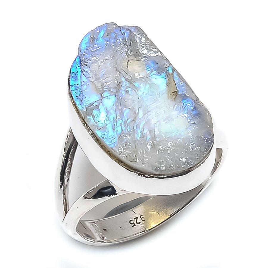 Natürlicher Regenbogen-Mondstein-Edelstein, 925er Sterling-Silber-Ring, Größe 6,5 a4y23