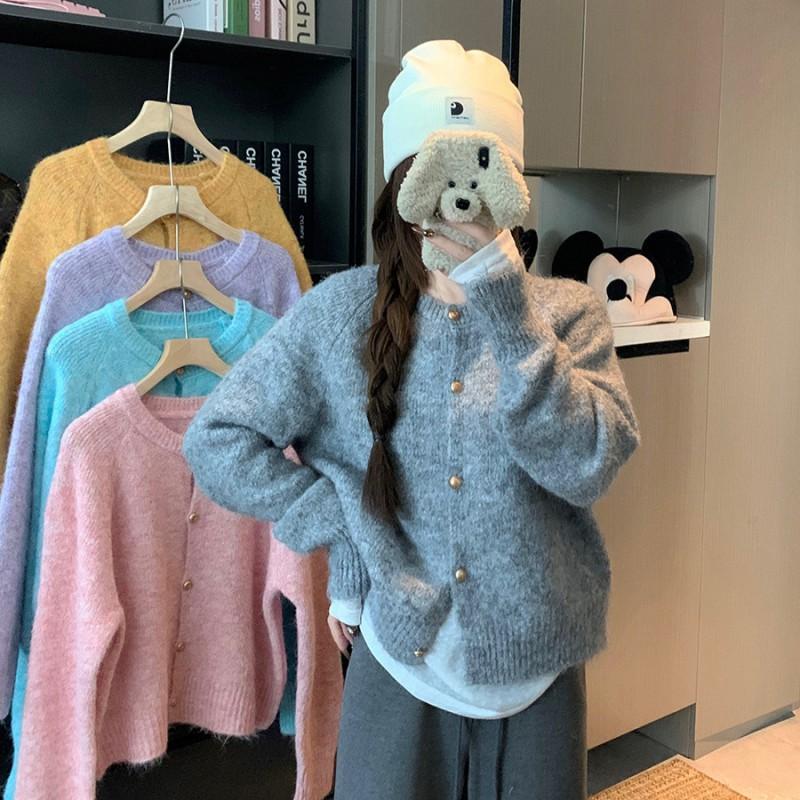 Womens Knit Cardigan Casual Loose Fit Versatile Outerwear Solid Color Long Sleeve Round Neck Single Breasted Wear
