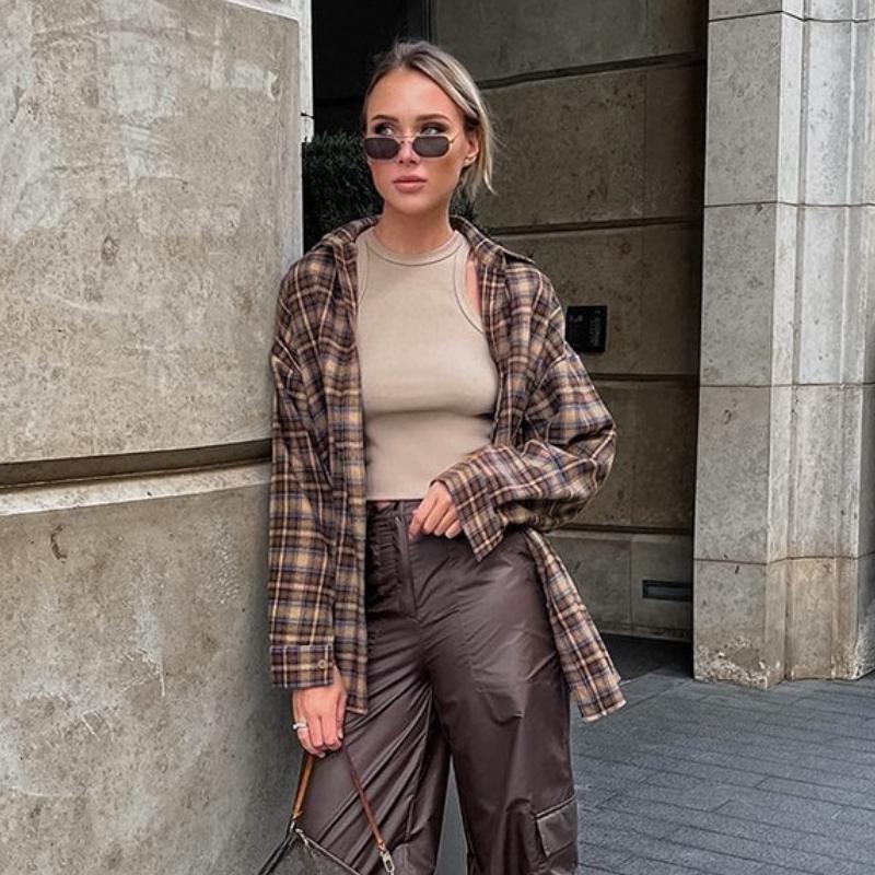 Chemisier à carreaux à simple boutonnage pour femme, chemise décontractée à manches longues, style vintage, printemps-automne