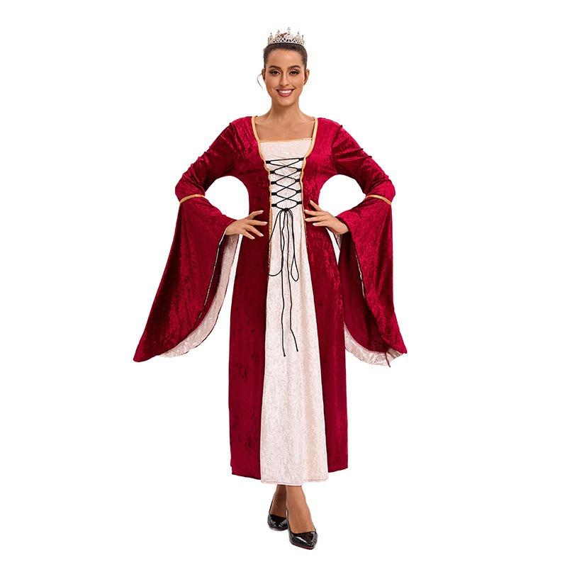 Hot Sale Women's Medieval Costumes Golden Velvet Straps Horn Sleeves Long Dresses Party Stage Performance Costumes