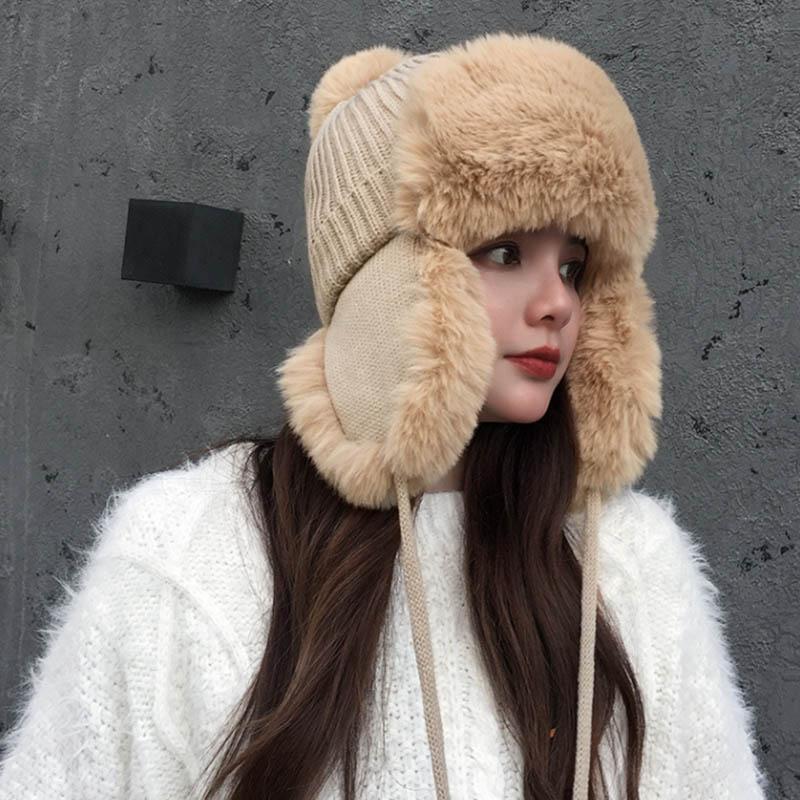 Lei Feng lue dame vinter ull trend plus fleece strikket lue varm og søt og søt ørepropper Kald ull lue