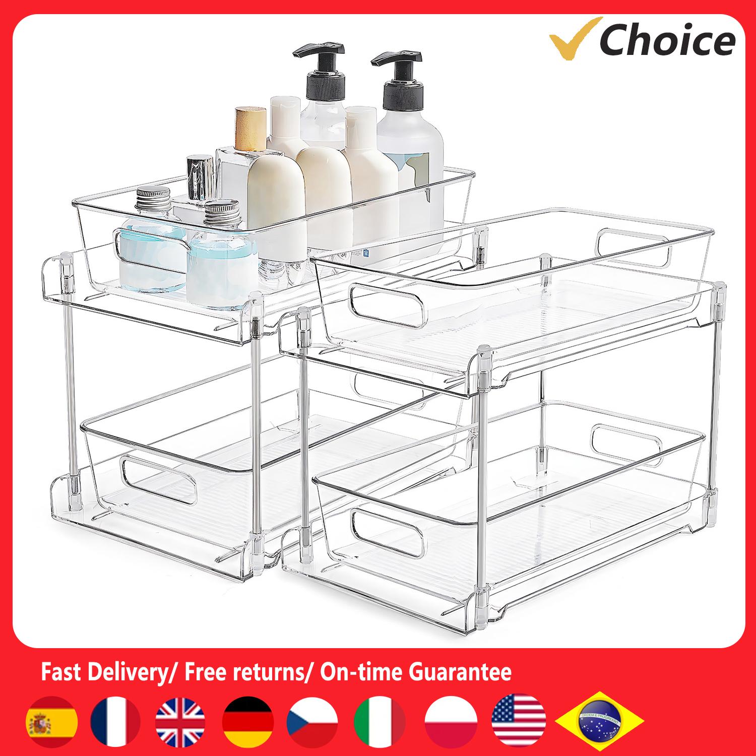 

2 Pack Double Tier Clear Plastic Drawer Organizer Under Sink Sliding Drawers with Tray Multifunctional Storage Rack Drying Rack 2 Pack
