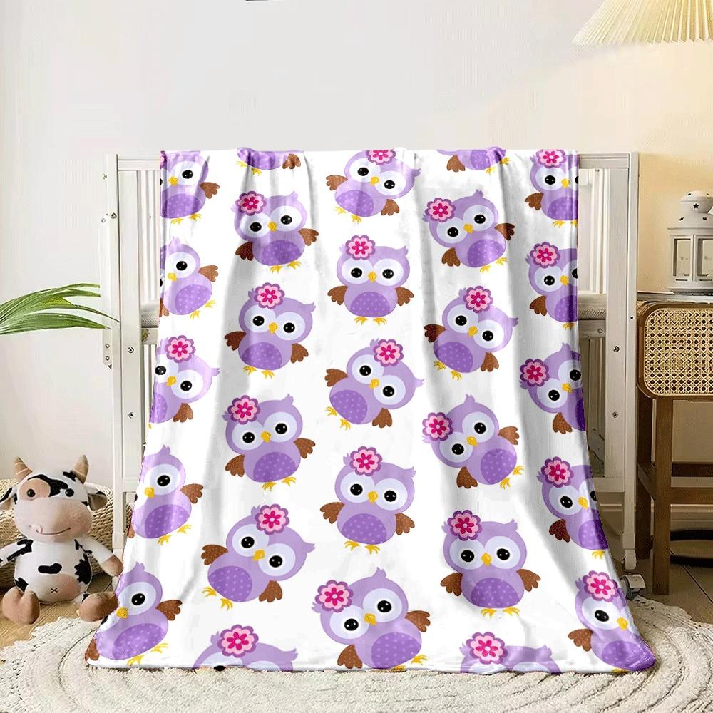 Purple owls with flowers on their heads, arranged on a white background. for all seasons blanket lunch break throw gift 80cm x 120cm