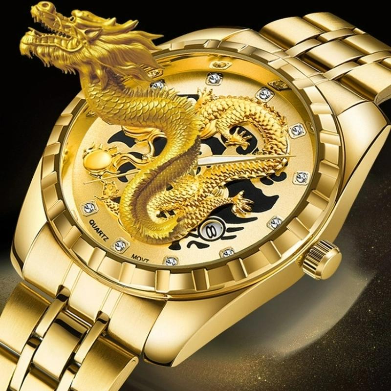WLISTH Módní zlaté hodinky s drakem Pánské Luxusní Nerezová ocel Business Casual Křemenné Náramkové hodinky Datum Pánské Náramkové hodinky
