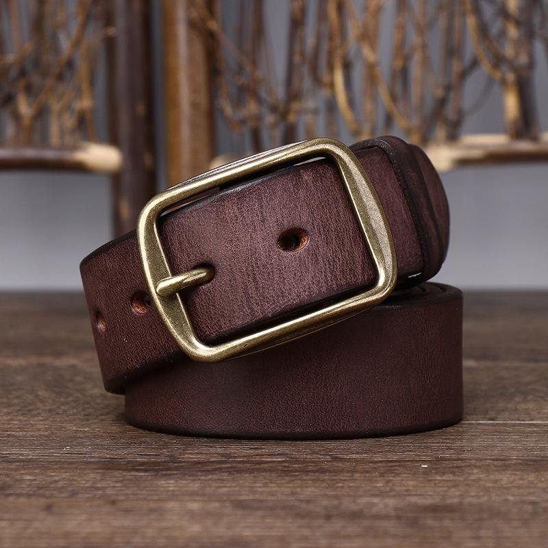 Men's Leather Belt Overalls with Vintage Handmade First Layer Pure Cattlehide Brass Buckle Jeans Genuine Leather Belt