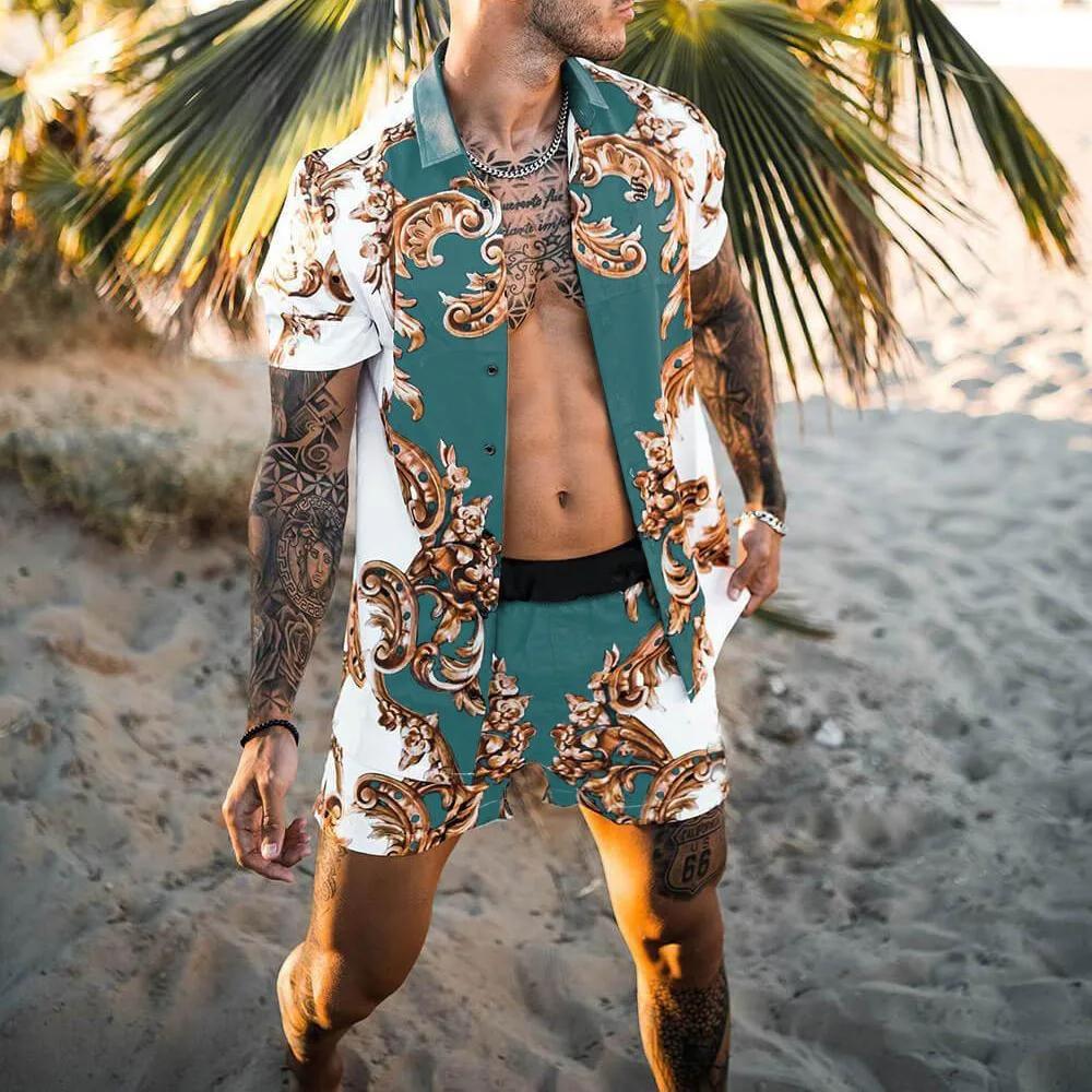 Summer Men's Fashion Leopard Print Short Sleeve Shirt And Shorts Set Beach Style T Shirt Breathable Shorts Two Piece Set