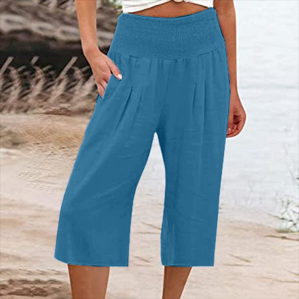 Summer Eurn Women's Cross-border Cotton Hemp Seven Waist Pocket Pocket Pocket Pocket Wide Leg Pants Woman