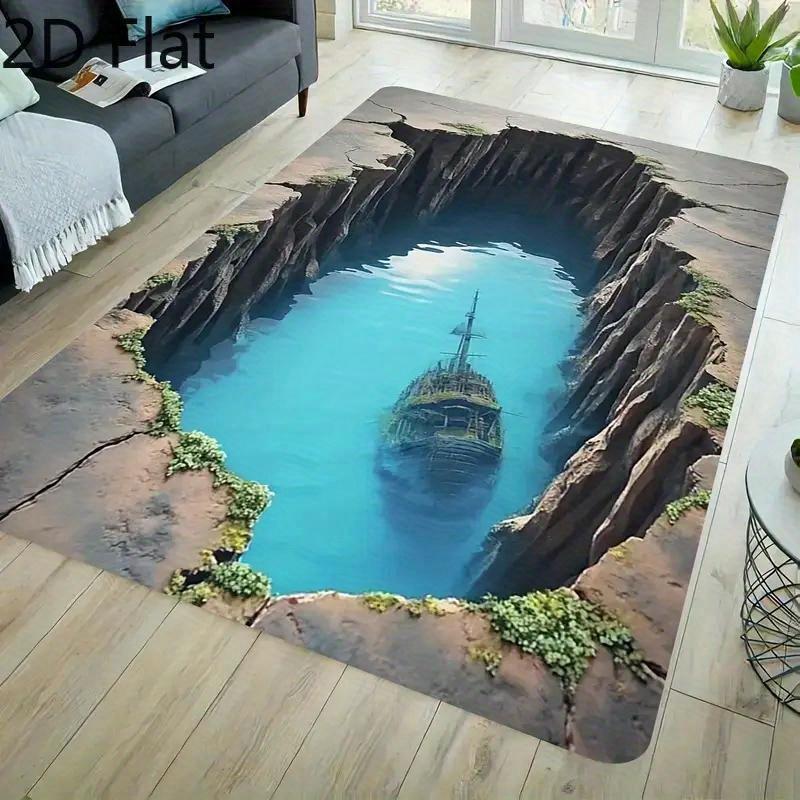 

84x60 Inch Large Golden Diamond Velvet Plush Mat - 3D Abstract Landscape Art with Shipwreck & Turquoise Waters Design, Non-Slip 50x80cm