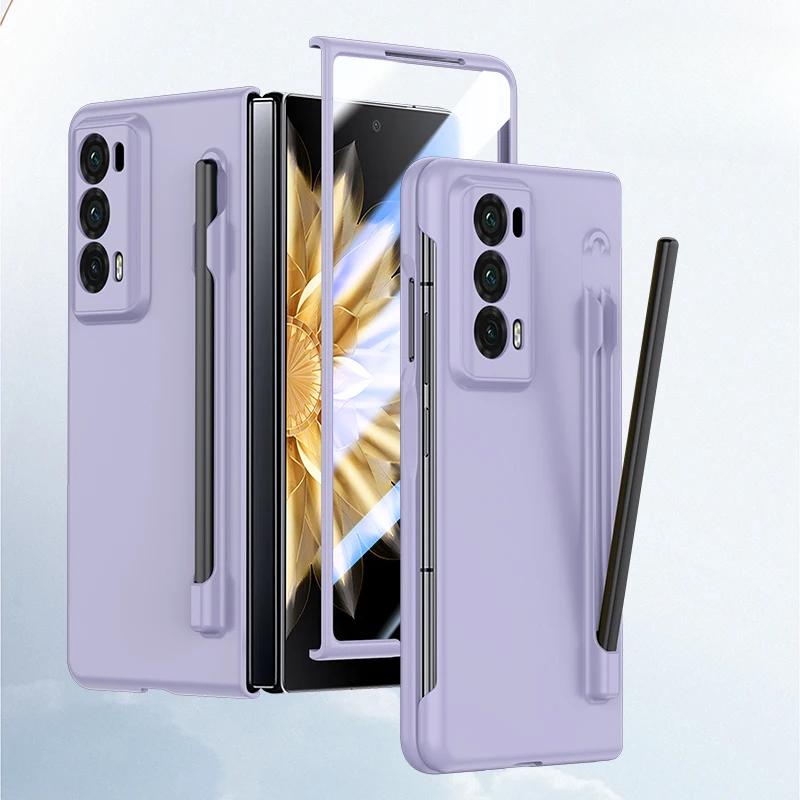 Luxury Armor Case for Honor Magic V2 Matte with Pen Skin Feel Transparent Screen and Solid Color Back Shockproof Hard Plastic Cover
