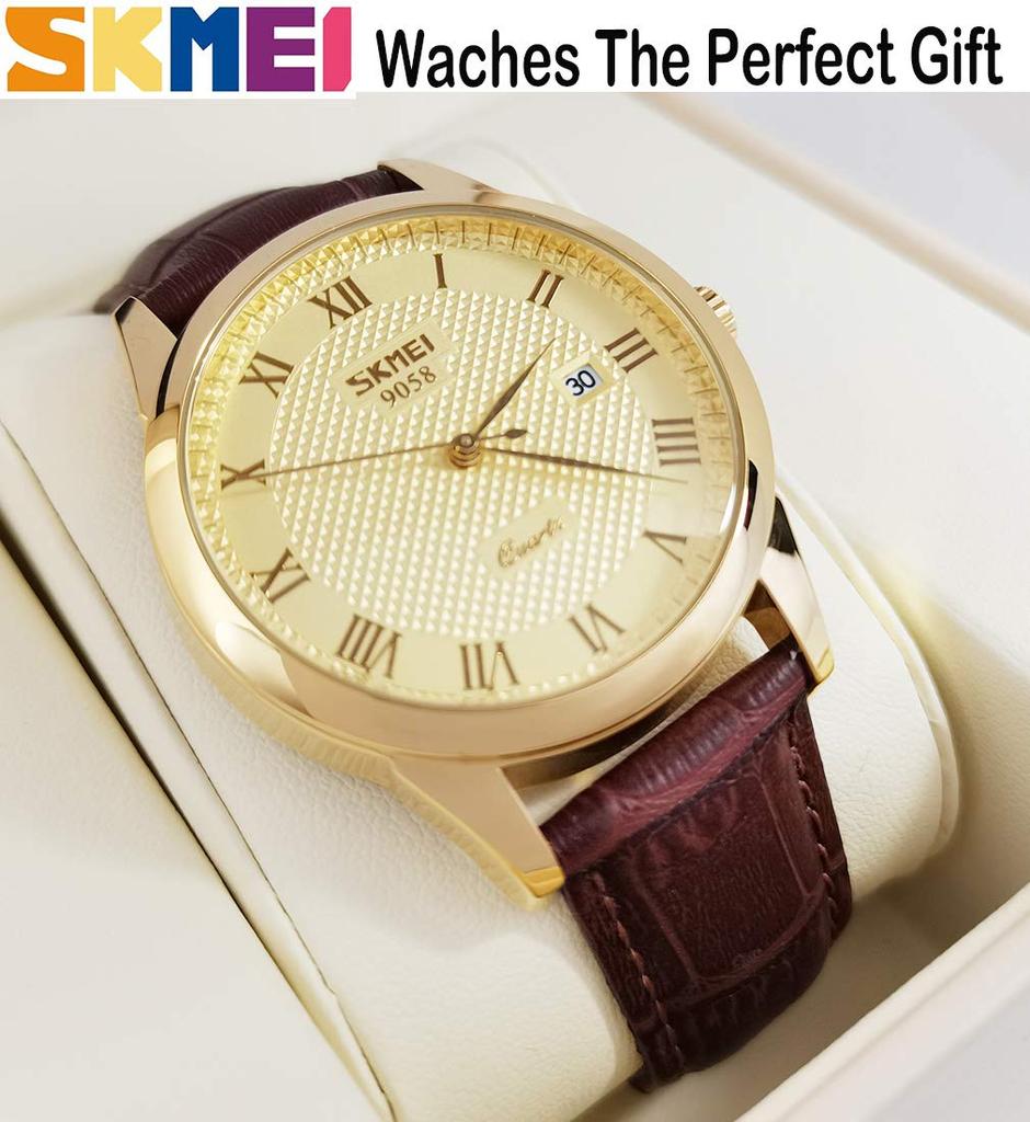 Brown Leather Business Quartz Date Day Gift Men's Watch, Strap, Wristwatch, Waterproof, Movement, Analog, Stylish, Classic, Casual, Simple, Display,